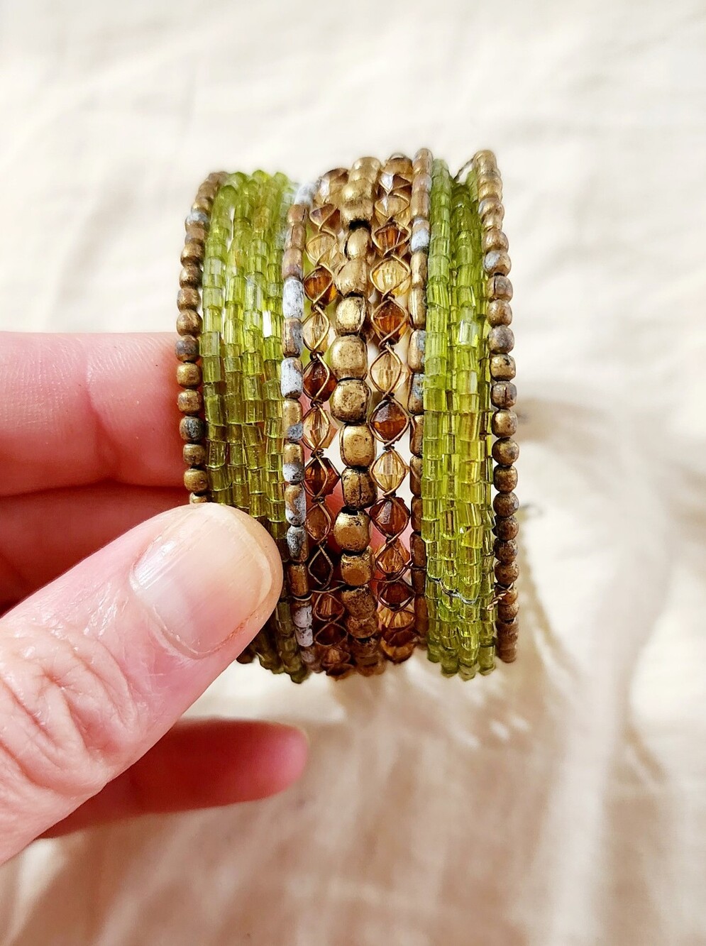 Green and Gold Beaded Multi-Row Stretch Bracelet